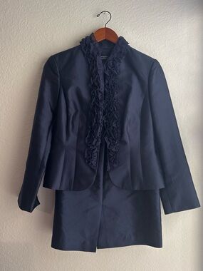 Adrianna Papell Occasions Navy Silk Ruffle Jacket & Skirt Suit Set